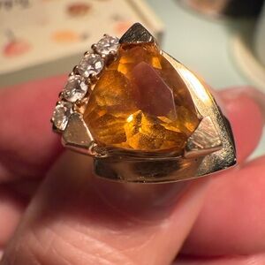 Vintage statement ring, 14kt solid gold and citrine with 4 diamonds.